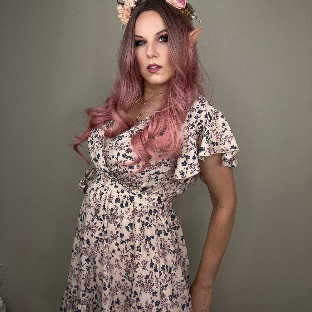 Pink Floral Pull-on Knee-Length Dress Belted Size L